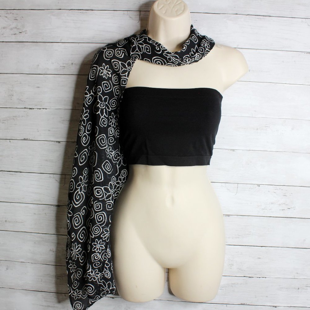 Vintage Women's Silky Chiffon Fashion Scarf Black Off White Retro Floral